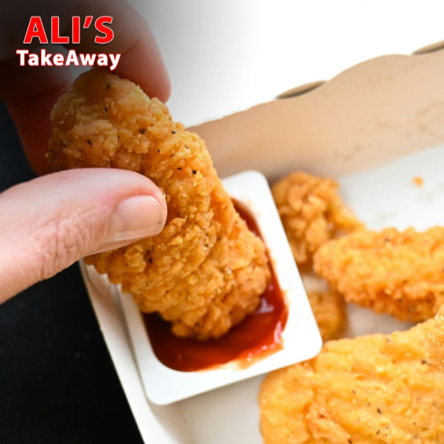 Ali’s Takeaway crispy fried chicken strips with sauce. 